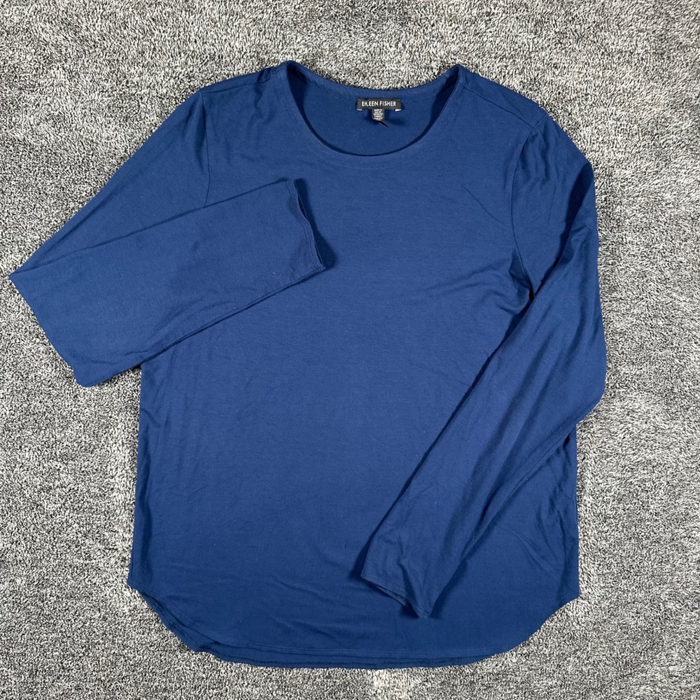 Eileen Fisher Top Womens Large Blue Long Sleeve Crew Neck Curved Hem Basic Tee